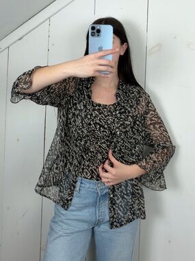Y2K 3/4 Sleeve Button Up Sheer Blouse & Shirred Tank Set Womens M Ruffled Sleeve